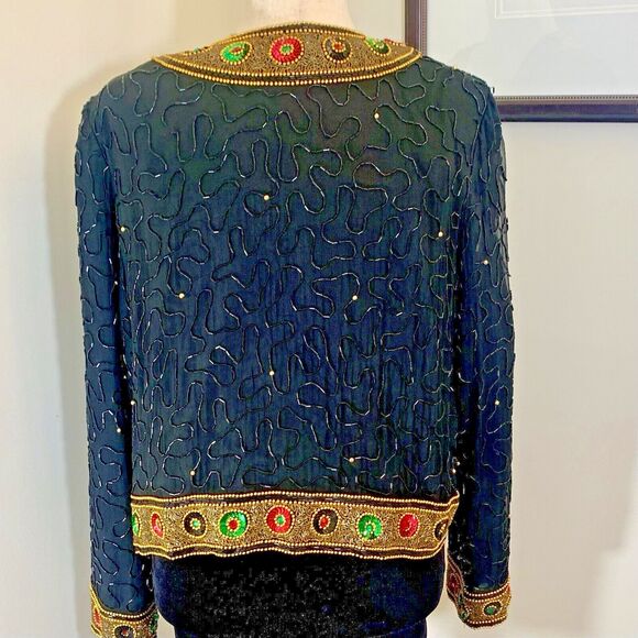 Vintage Evening Jacket XL Lawrence Kazar 100% Silk Beaded Black Gold Retro 90’s - Picture 5 of 6